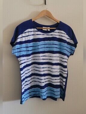 Zenergy by Chico's Cap Sleeved Sequin & Stripe Top, Women's L, Blue & White